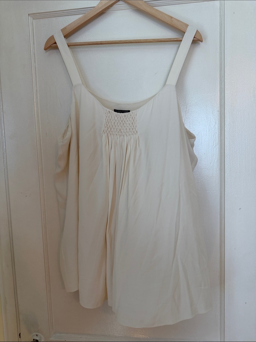 Eileen Fisher Cream Silk Smocked Yoke Sleeveless Camisole